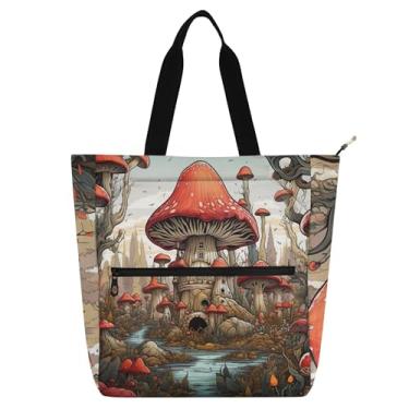 Imagem de Mushrooms Castles Bolsa de trabalho feminina de lona escolar com zíper, bolsas para professores, presente para amantes de livros