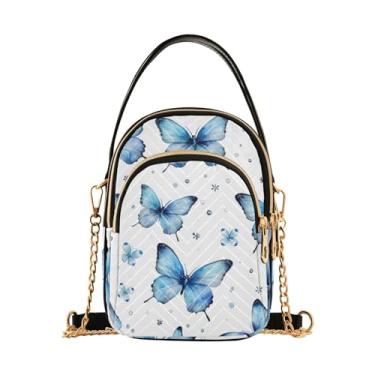 Imagem de Bolsa tiracolo feminina Blue Snowflakes over a Snowy Space, pequena bolsa transversal com alça, bolsas transversais confortáveis, Borboletas azuis em branco-2, One Size