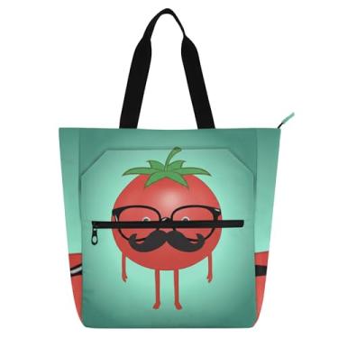 Imagem de GAIGEO Bolsa de trabalho divertida verde tomate bigode para mulheres lona praia livro tote com zíper bolsas professores amantes de livros