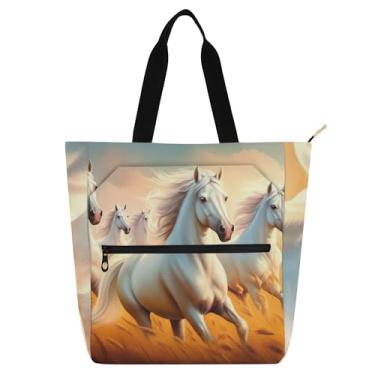 Imagem de GAIGEO White Horses Bolsa de trabalho feminina bolsa de trabalho de lona com zíper bolsas de viagem com compartimentos