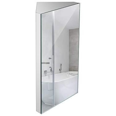 Imagem de DANGJIN Armário de remédios de canto de montagem na parede de 80 cm com espelho, armário de parede de banheiro, aço inoxidável polido - porta espelhada aberta à esquerda com três prateleiras (aço