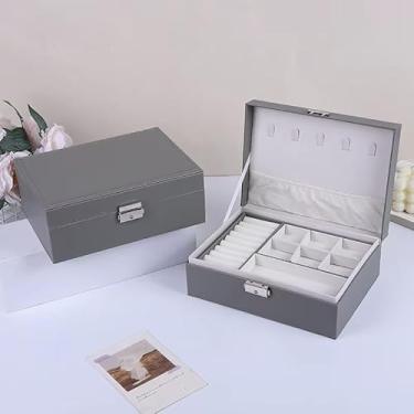 Imagem de Maleta Porta Joias Grande de Couro com Chave - Organizador Luxuoso 3 Camadas, Forro Aveludado, Presente Feminino Elegante(Q11/Cinza)