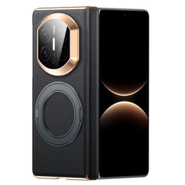 Imagem de POYUFRG Capa de couro genuíno para Huawei Mate X7, capa galvanizada com proteção de dobradiça de lente com tudo incluído, capa com suporte de anel magnético, preta, Mate X7