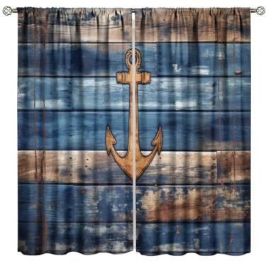 Imagem de Fblifil Cortinas de âncora náutica âncora náutica em tábua de madeira vintage impressa com bolso para varão, cortinas de janela para quarto, sala de estar, 106,7 cm L x 114,3 cm C