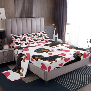 Imagem de jejeloiu Jogo de lençol casal de salsicha Dachshund com bolso profundo e cachorrinho fofo, 4 peças com 2 fronhas, preto e rosa