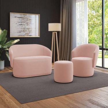 Imagem de Sofá Namoradeira Com Poltrona E Puff Orgânico Sala Malu Veludo M11 - D`rossi Rose