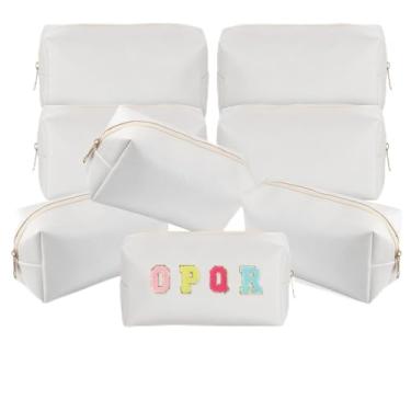 Imagem de MAQUITA Pacote com 8 pequenas bolsas de maquiagem personalizadas com inicial A-Z com patch de inicial, pequena bolsa cosmética com 26 letras A-Z, bolsa de higiene pessoal de viagem de couro PU