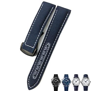 Imagem de IENYU Pulseira de relógio de nylon tecido de 19 mm 20 mm preto azul fivela de implantação pulseiras de relógio de couro para Omega AT150 AQUA TERRA Seamaster Tissot (cor: azul branco preto, tamanho: