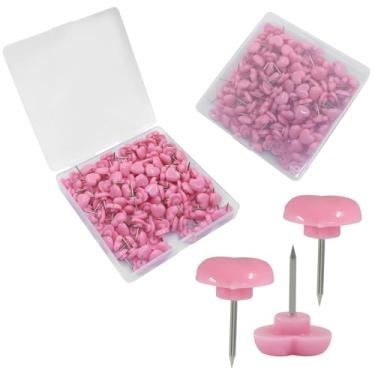 Imagem de Kemcatui 150 pinos de pressão, pinos decorativos de plástico para quadros de avisos, pôsteres e escritório em casa, caixa reutilizável incluída (coração rosa)