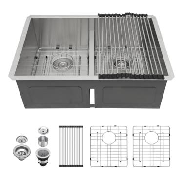 Imagem de Tigela dupla para pia de cozinha Lordear 28 polegadas – Pia de cozinha de 71 cm com borda inferior de 71 cm Baixa divisória dupla 50/50 calibre 16 Pia de cozinha de fazenda de aço inoxidável