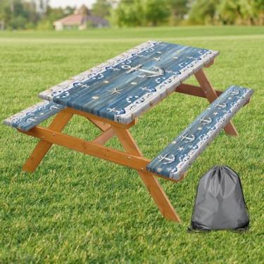 Imagem de VeiVian Capa de mesa de piquenique com bordas elásticas, capa de mesa de âncora náutica azul marinho, impermeável, à prova de vento, para acampamento ao ar livre, pátio, jardim, churrasco, bolsa com