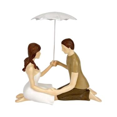 Imagem de Baoblaze Estatueta de Casal Menino e Escultura Personagens Apaixonados Segurando um Guarda-Chuva para Mesa Presente de Casamento Sala de Jantar, Ajoelhado
