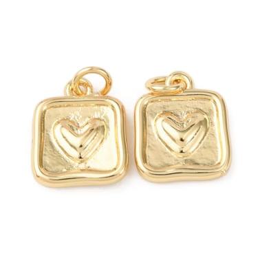 Imagem de LiQunSweet 20 peças quadrados de cor dourada de latão com pingentes de coração, pingentes de coração para joias faça você mesmo, pulseira, colar, brinco, bolsa, telefone, chaveiro, decoração