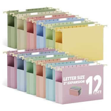 Imagem de Ansook Pastas de arquivo suspensas tamanho carta capacidade extra, pastas de arquivos de expansão resistentes de 5 cm penduradas com abas, pastas de armário de arquivo de plástico, pacote com 12