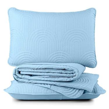 Imagem de Kit Cobre Leito Colcha Arcos Casal Padrão Dupla Face Matelado 200 Fios 3 Peças Azul Claro