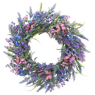 Imagem de Guirlandas de lavanda para porta da frente guirlanda de verão de 61 cm com lavanda, frutas vermelhas, borboletas, para uso durante todo o ano em ambientes internos e externos como decoração de parede