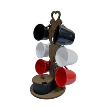 Imagem de Suporte para 6 Xícaras com Açucareiro – Madeira MDF, Organizador de Cozinha para Cantinho do Café, Ideal para Armazenamento e Decoração Doméstica (S/MARROM C/6XC VM/PT/BR - R/PT)