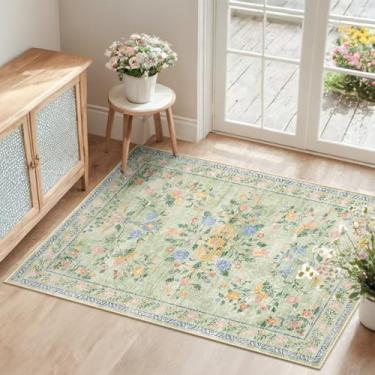 Imagem de RELEANY Tapete de área 5 x 7 cm, estampa floral vintage, lavável e antiderrapante para quarto, sala de estar, sala de jantar e entrada, verde creme