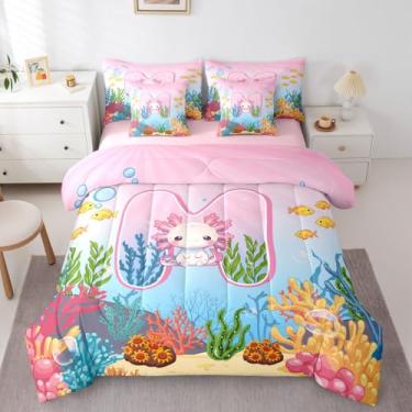 Imagem de Erosebridal Conjunto de edredom fofo com letra M com letra M, rosa, kawaii, axolote, desenho animado com letras do alfabeto A-Z, para crianças, adolescentes e adultos