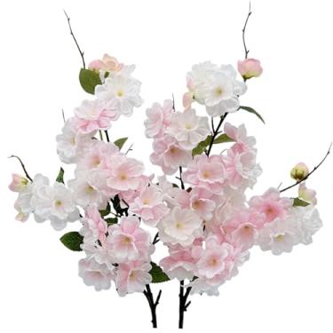 Imagem de LILOCOO 2 peças de flores artificiais de cerejeira a granel, ameixa rosa, flores de pêssego, ramos de flor de cerejeira com folhas, para decoração de primavera, verão, mesa de festa de casamento em