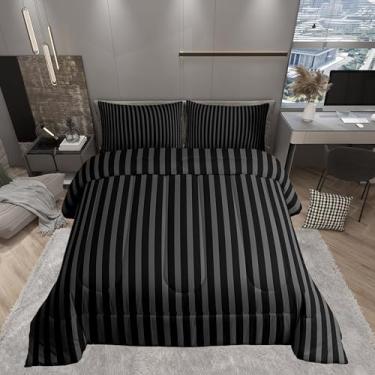 Imagem de Conjunto de edredom Queen com listras pretas e cinza, estilo simples, listrado, alternativo, decoração de quarto de adultos, tema minimalista, microfibra ultramacia, enchimento interno, 3 peças