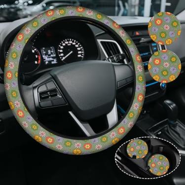 Imagem de Capa de volante colorida de flores silvestres, capa de volante de neoprene antiderrapante, acessório de carro de flor para mulheres e meninas, ajuste universal de 38 cm, SUVS, inclui 2 porta-copos de