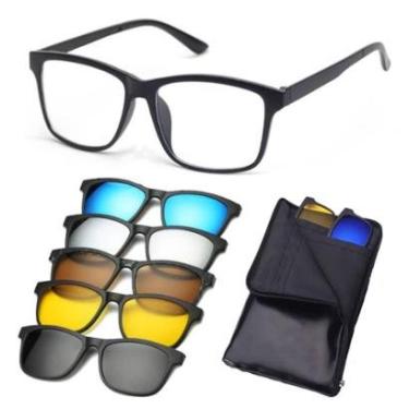 Imagem de Armação De Óculos Masculino + 5 Clip On Óculos De Sol Troca Lentes 6 Em 1 Proteção UV Polarizado-Masculino