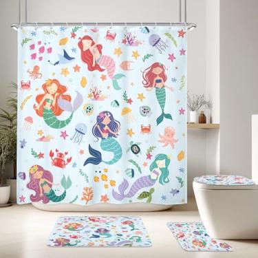 Imagem de LGhtyro Conjunto de cortinas de chuveiro fofas de desenho animado do mar subaquático com tapetes, tampa de vaso sanitário e tapete de banho, acessórios de banho adoráveis para decoração de casa de