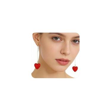 Imagem de Brincos femininos com pingente de coração vermelho para dia dos namorados delicados com strass, brincos longos de coração de cristal, joias de aniversário de aniversário, Large, Metal, Sem pedra
