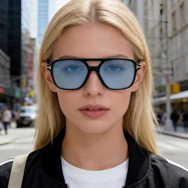Imagem de Óculos de sol para homens e mulheres, design leve de ponte dupla, lente azul com armação preta, proteção UV para viagens ao ar livre e fotografia de rua