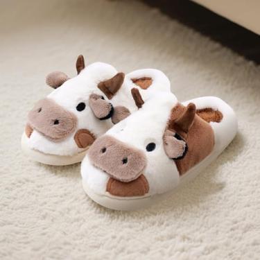 Imagem de Pantufas de vaca para mulheres e homens – Pantufa de pelúcia macia antiderrapante, sapatos felpudos quentes de inverno com espuma viscoelástica confortável, Marrom, 5.5-6.5 Women/4.5-5.5 Men