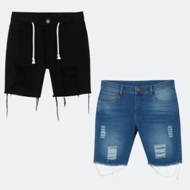 Imagem de Kit 2 Bermuda Jeans Masculina Destroyed com Elastano e Bolsos Funcionais-Masculino