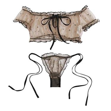 Imagem de 3FLQOOPP Body feminino exótico de peluche feminino lingerie de renda sutiã e tanga conjunto lingerie pijama calcinha (bege médio)