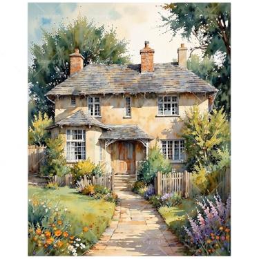 Imagem de Kit de pintura de casa de campo por números para adultos - DIY charmosa casa de campo com pintura de caminho de jardim em tela 40 x 50 cm, conjunto de tinta acrílica emoldurada, adequado para