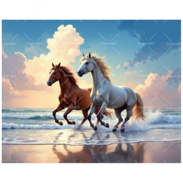 Imagem de Kit de pintura animal por números para adultos – Cavalos DIY correndo na praia pintura em tela, conjunto de tinta acrílica, adequado para iniciantes, arte para decoração de casa ou presentes (moldura