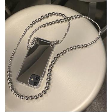Imagem de Colar com cordão transversal, contas de prata irregulares, corrente, capa espelhada para iPhone 11, 12, 13, 14, 15, 16 Pro Max, capa A para iPhone 15