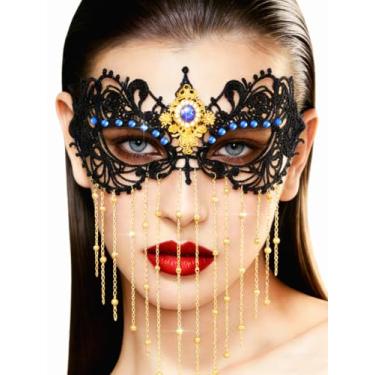 Imagem de Tgirls Máscara De Baile Strass Com Borlas, Contas Renda, Facial Cristal, Festa À Fantasia, Olhos (Azul)