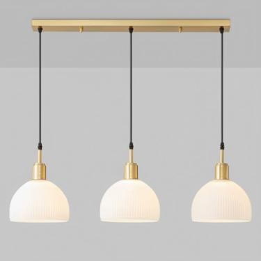 Imagem de Lustre triplo de interior com 3 lâmpadas E27, estilo lustre moderno com cristais brancos, ideal para sala de jantar, quarto, escritório e ilha de cozinha.