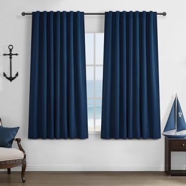 Imagem de Cortinas blecaute 100% azul marinho 100 cm de comprimento, conjunto de 2 painéis, cortinas curtas de linho para quarto de crianças/meninos, para janela pequena de 116 cm, cozinha, banheiro, isolamento