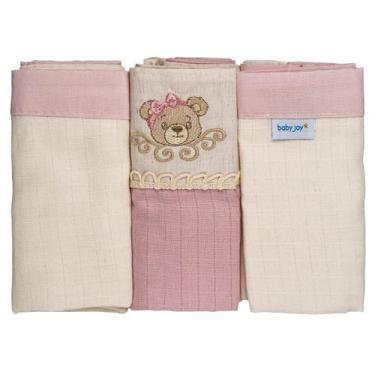 Imagem de Fralda de Pano para Bebê 68 cm x 70 cm 3 Unidades Baby Joy, Ursa Rosa