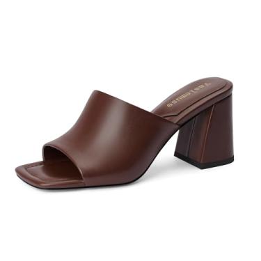 Imagem de Vaslemuse Salto Mule para mulheres, sandálias de salto grosso, bico aberto quadrado, casual, confortável, Marrom escuro, 36