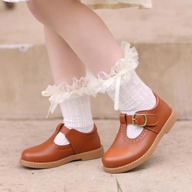 Imagem de Sapato social infantil feminino clássico uniforme escolar Oxfords Mary Jane Sapatilhas para meninas, Marrom, 18