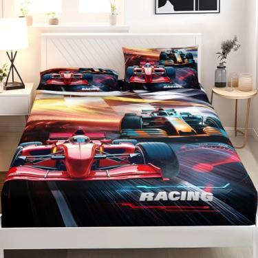 Imagem de AILONEN Jogo de lençol casal de carro de corrida 3D para crianças, meninos, adolescentes, esportes radicais, preto e branco, 3 peças, 1 bolso profundo + 2 fronhas