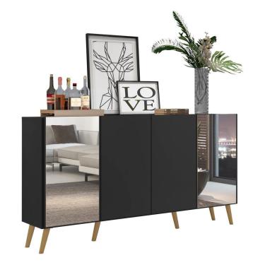 Imagem de Aparador Buffet 4 Portas Com Espelho Retrô Vegas Multimóveis V3562 Preto/Natural Preto/Natural