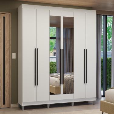 Imagem de Guarda-roupa Casal Com Pés 6 Portas Batentes Com Espelho Branco/branco/preto Venus Madesa