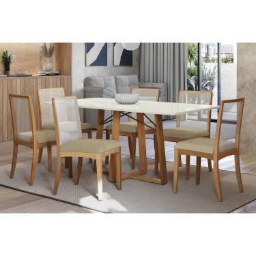 Imagem de Sala Jantar Mesa Elma Premium Madeira Maciça c/ Tampo Madeirado c/ Vidro 180x90cm e 6 Cadeiras Lara Carvalho/Off White - Boucle Bege - Kappesberg