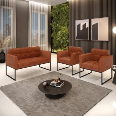 Imagem de Kit 1 Sofá Namoradeira e 2 Poltronas Elisa Corano Nozes Base Metálica Industrial Preto D03 - D'Rossi