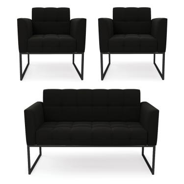 Imagem de Kit 1 Sofá Namoradeira e 2 Poltronas Elisa Suede Preto Base Metálica Industrial Preto D03 - D'Rossi