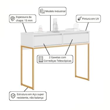 Imagem de Buffet Luce Retro Madeira 2 Gavetas Estilo Industrial Branco Dourado
