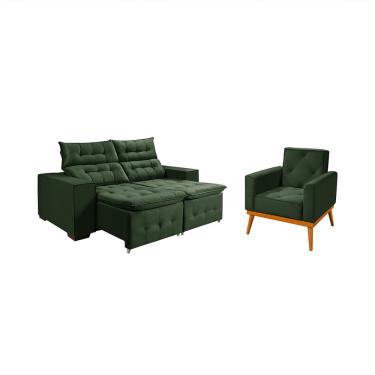 Imagem de Kit Sofá Retratil Reclinável Bari 1,90 Pillow Mais Poltrona Florença em Veludo Verde